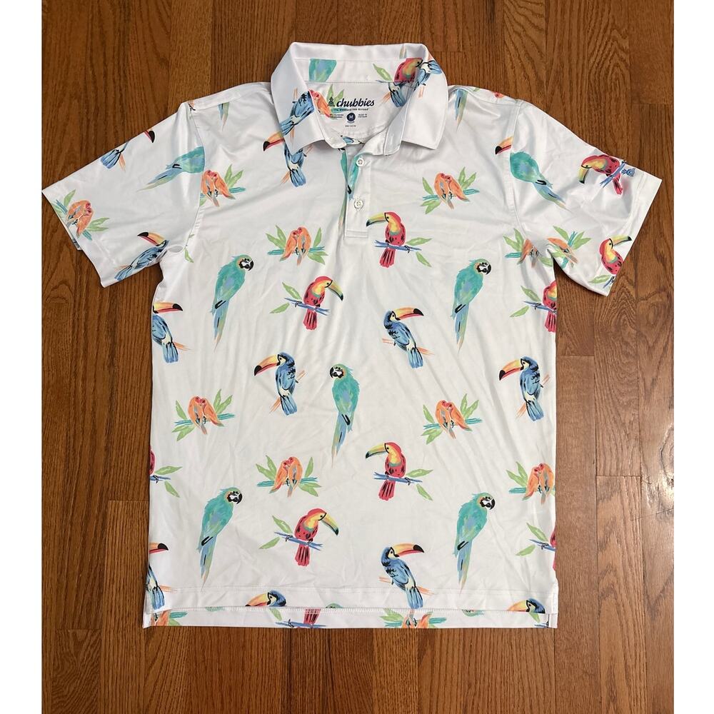 Chubbies "Dude Where's‎ Macaw" Performance Polo Shirt White Birds- Men's Medium